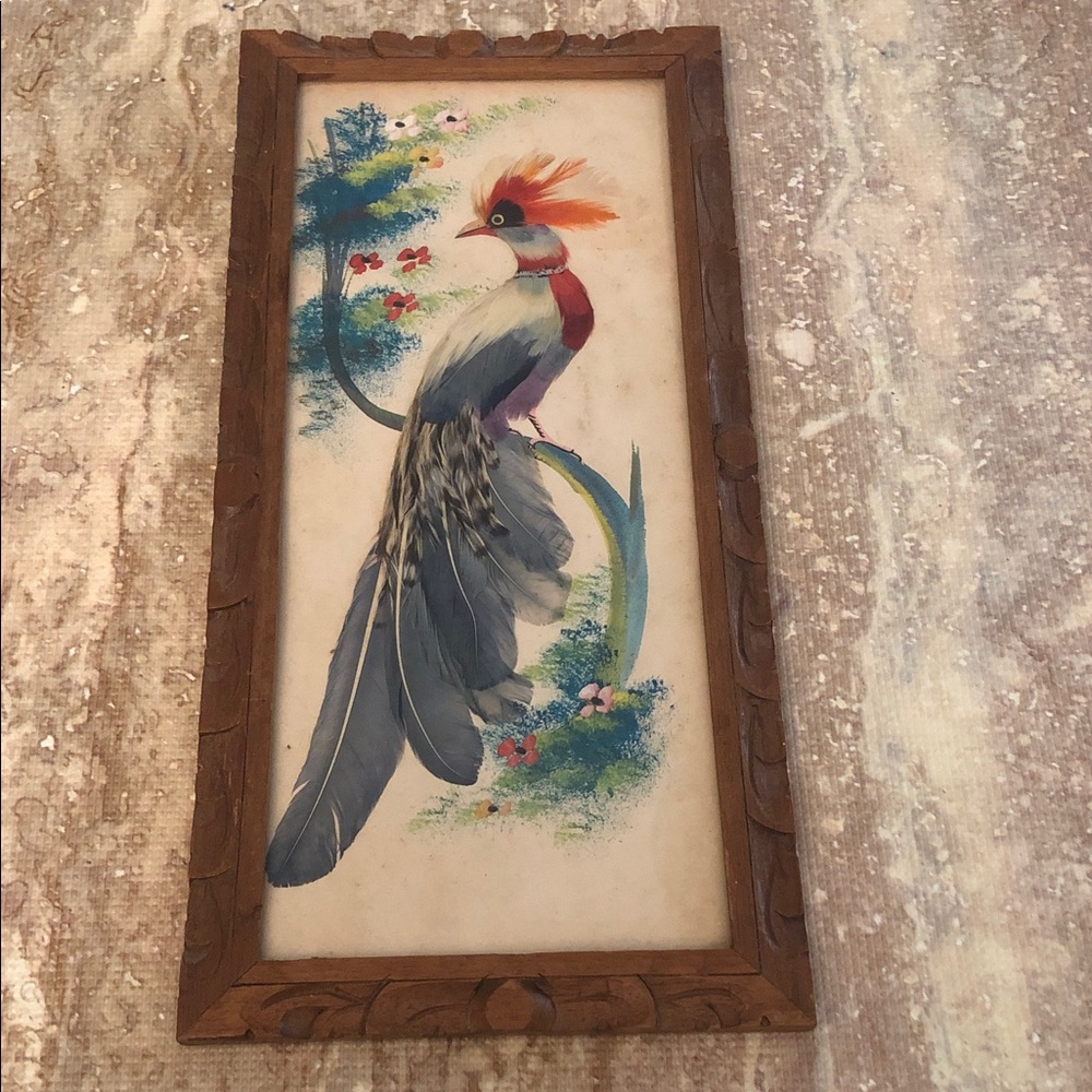 Vintage Mexican Feather Art  Plumaria Vibrant Tropical Bird Carved Frame